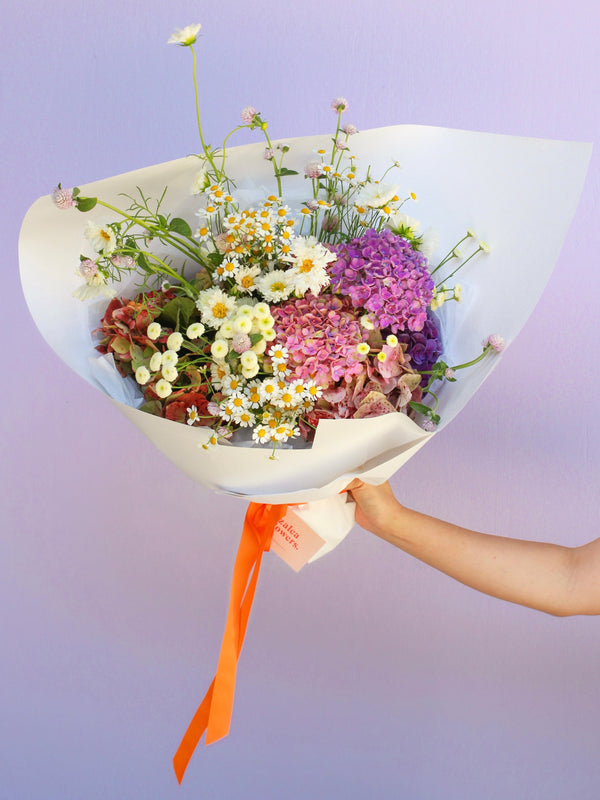 A medium bouquet of flowers gift wrapped in white paper and finished with an orange ribbon. The flowers in the bouquet are purple and white hydrangea, matricaria chamomile daisies, lilac coloured gomphrema and cosmos. The bouquet is held in an outstretched arm in front of a lilac background.